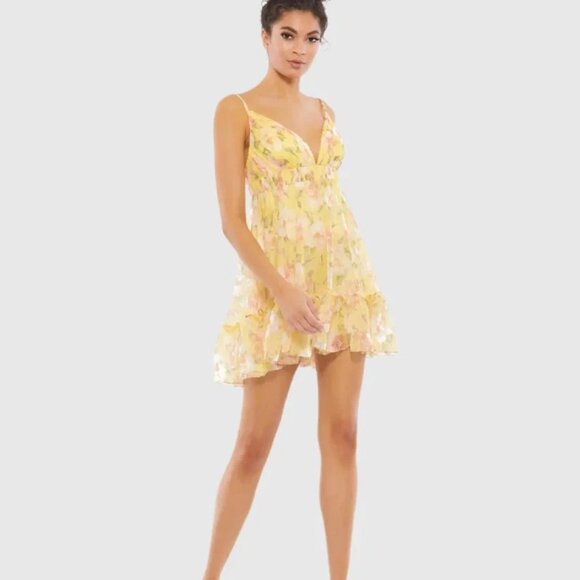 Mac Duggal Yellow Floral Empire Waist Ruffled Mini Dress - Picture 1 of 3